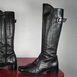Women's Italian Duo Black Leather Knee High Low Heel Long Riding Boots 7.5